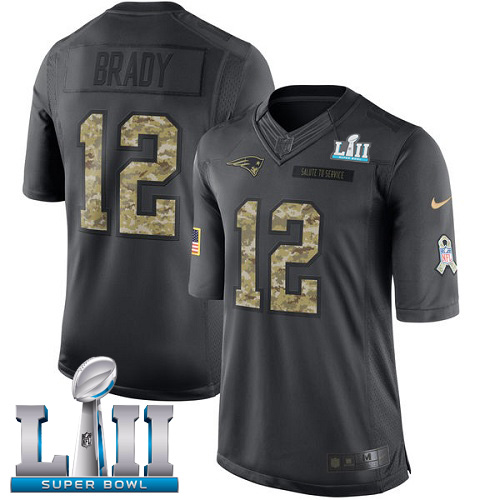 Nike Patriots #12 Tom Brady Black Super Bowl LII Men's Stitched NFL Limited 2016 Salute To Service Jersey